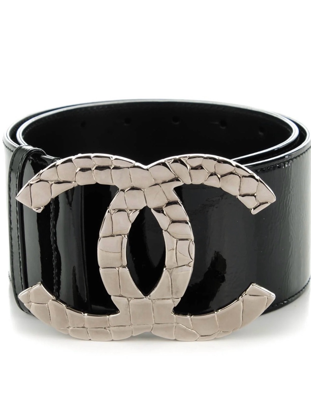 Rare Chanel 2007 Patent Leather Silver Jumbo Wide XL CC Logo Belt 80 32